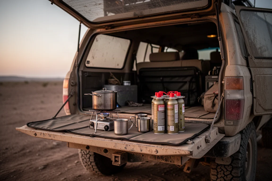 Equipo de cocina de campamento dispuesto sobre una puerta trasera abierta al atardecer durante una excursión