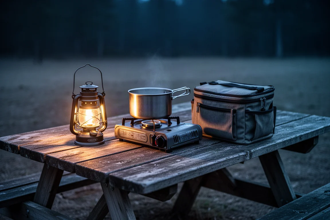 Cocina de campamento compacta sobre una mesa de picnic en la hora azul con una linterna encendida y una estufa pequeña
