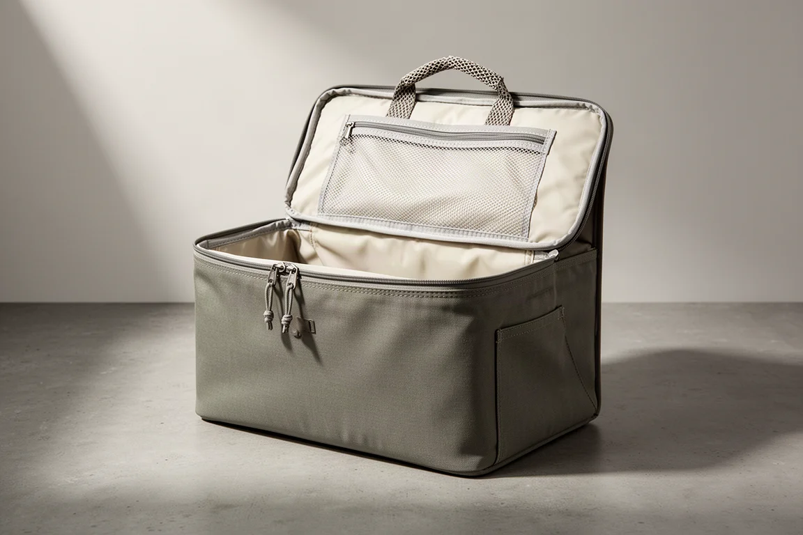 Open padded camping storage case in olive canvas with mesh lid pocket on concrete