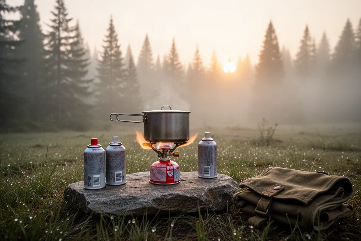 Cocina de campamento al amanecer con un hornillo de cartucho de butano, latas de combustible de repuesto y una bolsa de lona plegada