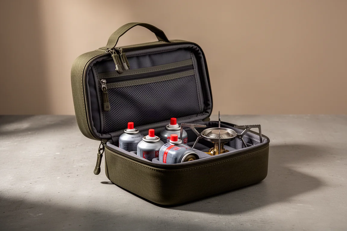 Padded olive canvas storage case with butane canisters and a folding stove inside