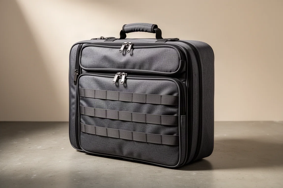 Camping Moon double storage case with two zippered compartments on a concrete surface