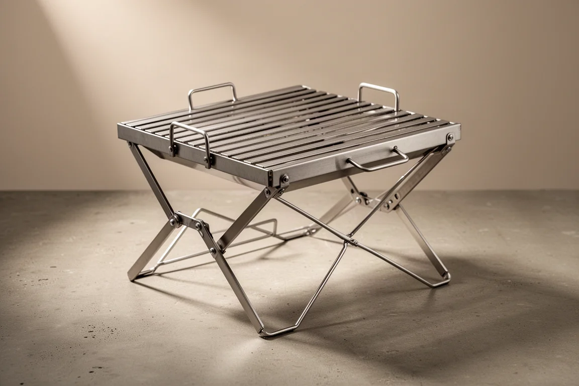 Folding stainless steel campfire grill with slatted grate set on a concrete surface