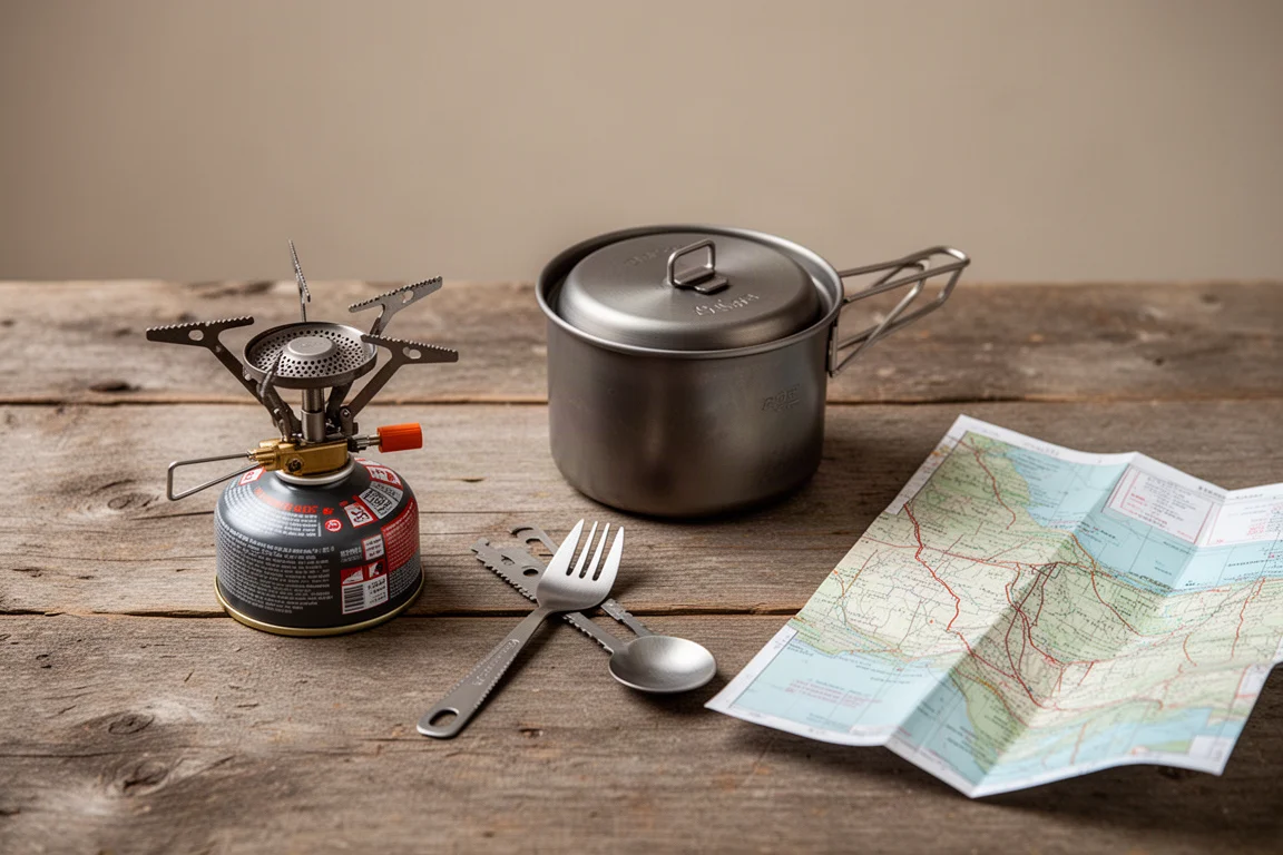 Flat-lay dall'alto di un kit da cucina ultraleggero per backpacking su legno usurato