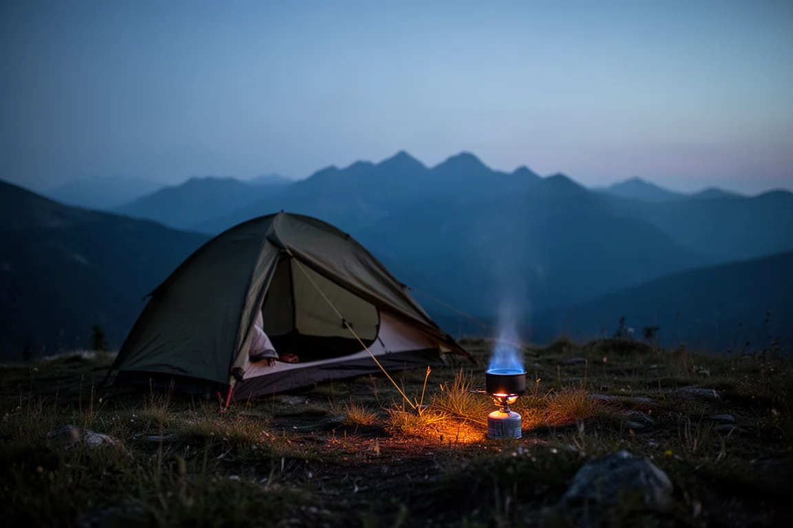 Campeggio al crepuscolo con una tenda e la fiamma di un piccolo fornello che brilla