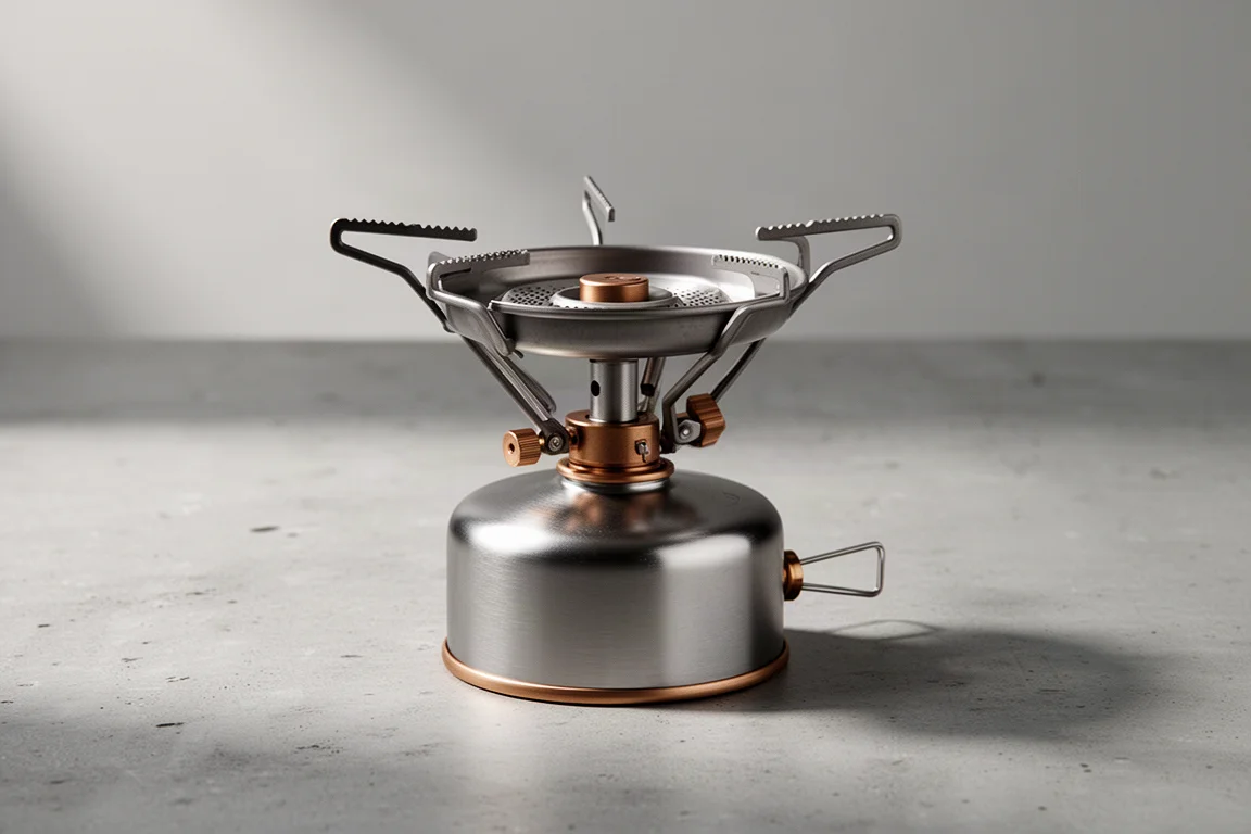 Compact ultralight canister camping stove with folding pot supports on concrete