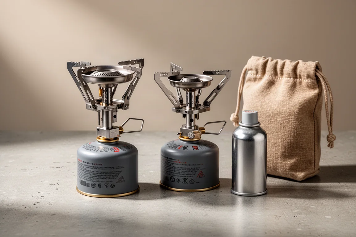 Two compact canister backpacking stoves with a fuel canister and canvas pouch on a concrete surface