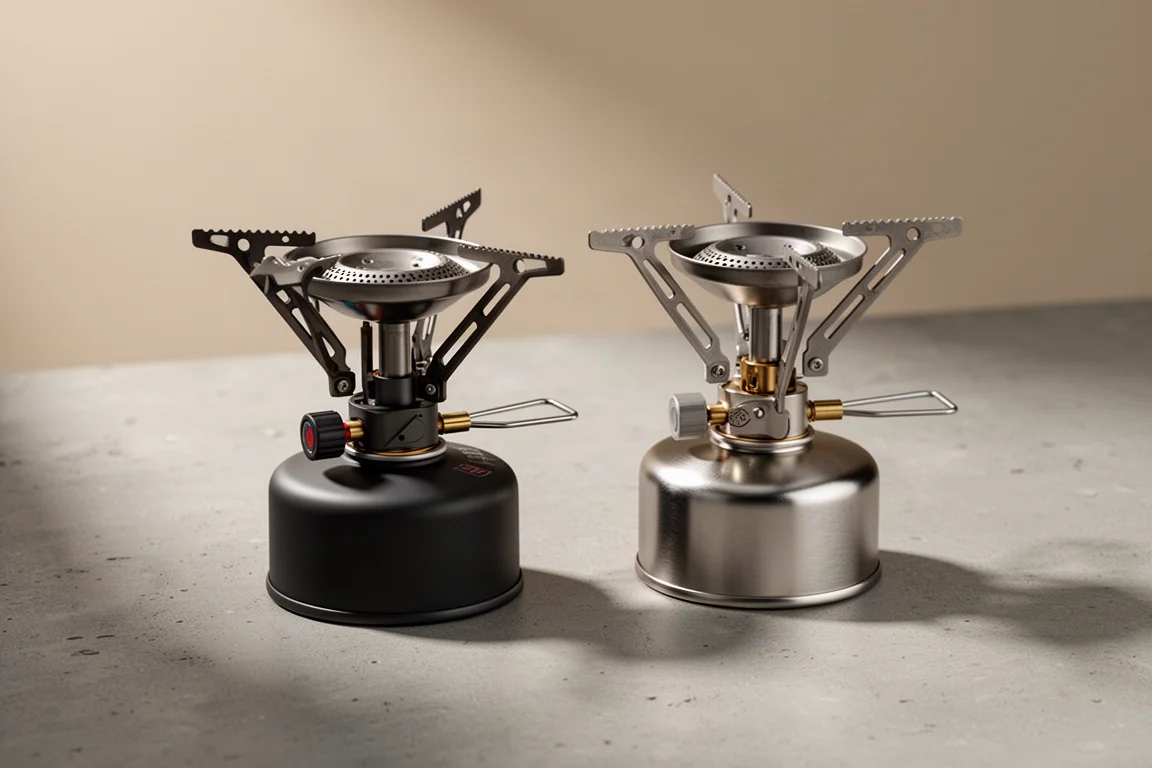 Two compact canister backpacking stoves side by side on a matte concrete surface