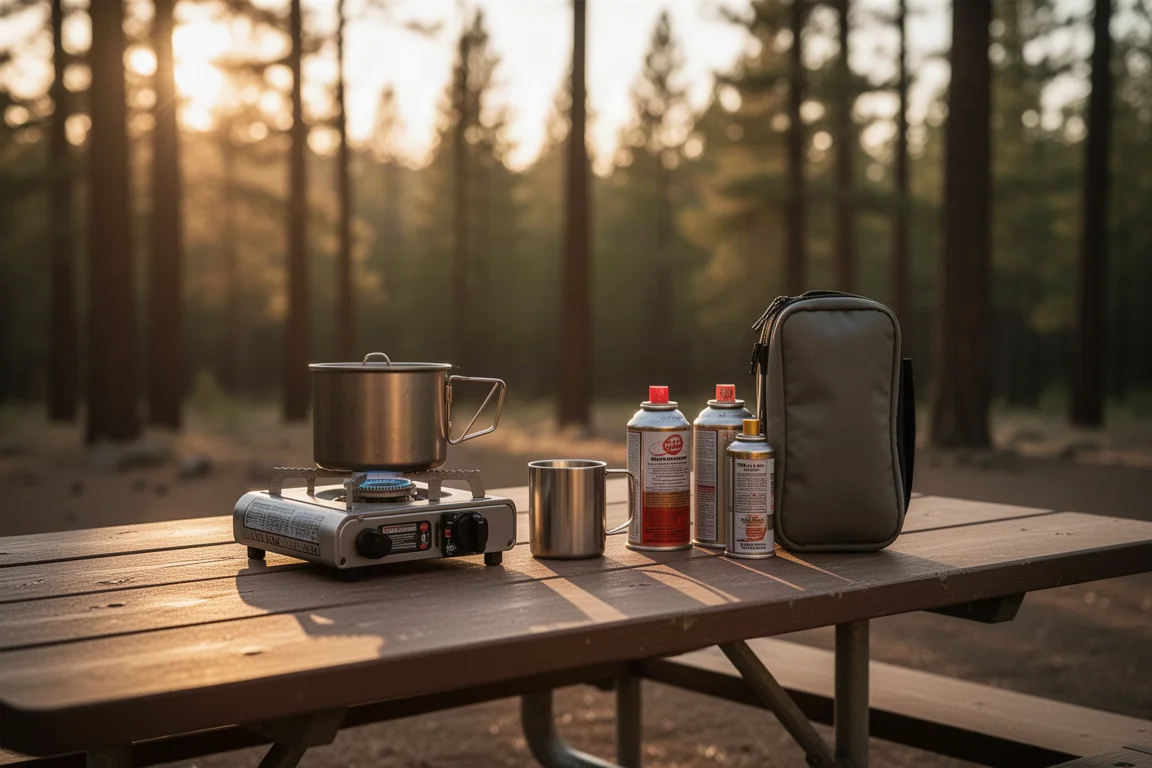 Cuisine de camping à l'heure dorée avec un petit réchaud, une casserole et des cartouches de combustible sur une table de pique-nique