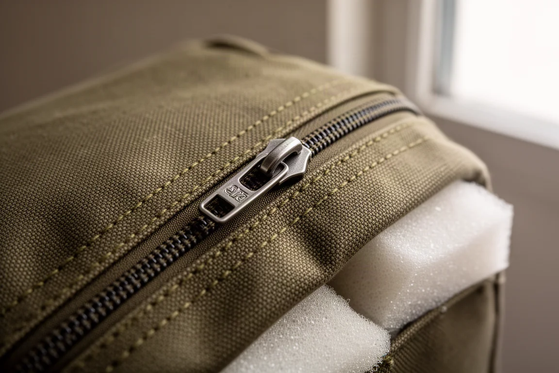Détail macro d'un tissu de toile olive avec une fermeture à glissière en métal et une couture dense