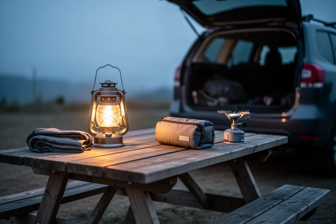 Terrain de camping au crépuscule avec une lanterne allumée, une housse pliée et un petit réchaud sur une table de pique-nique