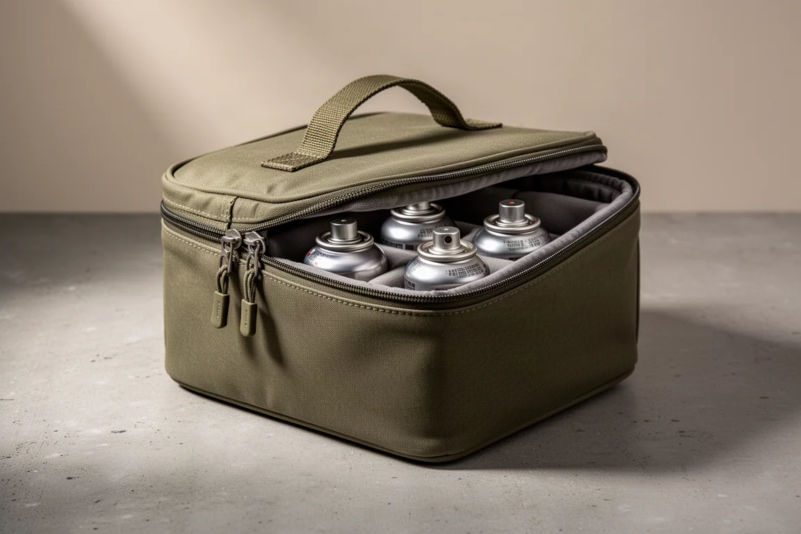 Olive canvas camping storage case with butane canisters inside on a concrete surface