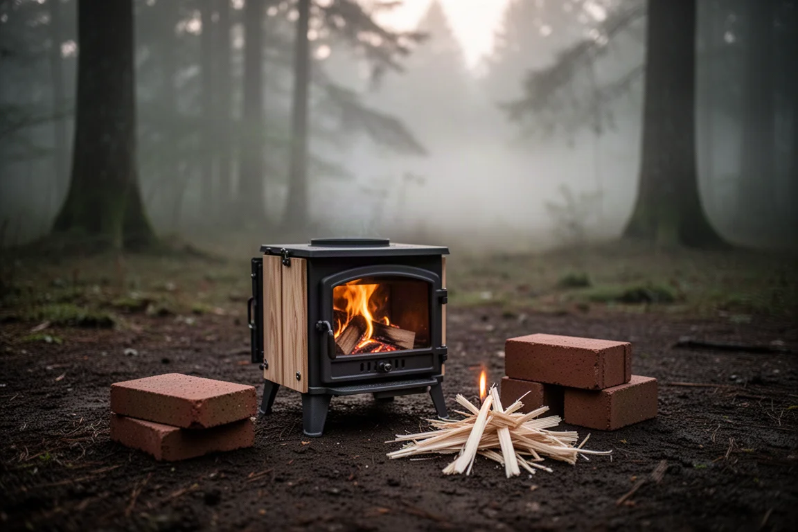 Escena de cocina de campamento al amanecer con un pequeño hornillo y una cafetera de goteo sobre una roca