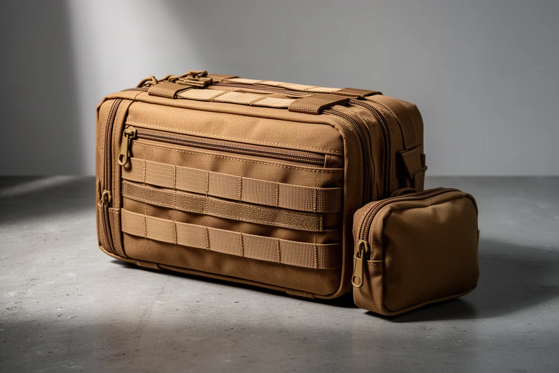 Coyote brown tactical storage case with webbing and a small admin pouch on concrete