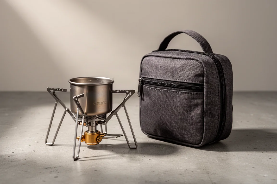 Titanium canister backpacking stove with folded pot supports beside its fabric storage case
