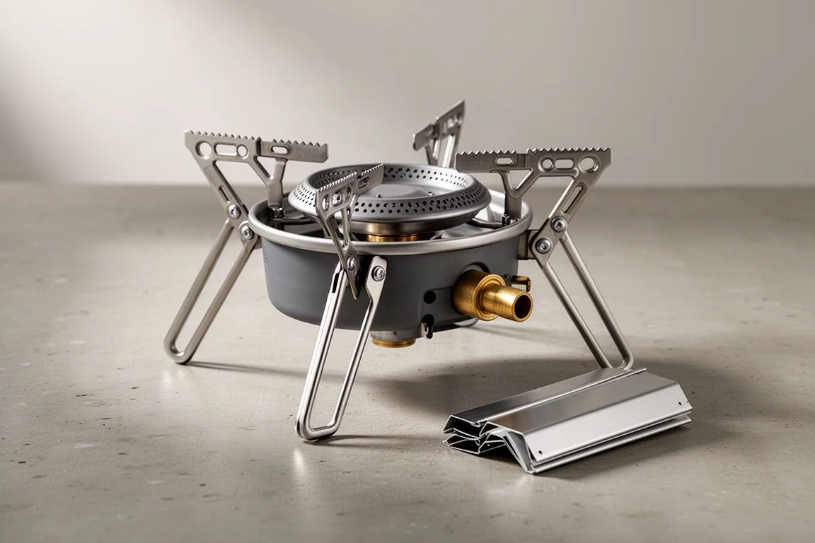 Folding-leg butane camping stove with four legs and serrated pot supports on concrete