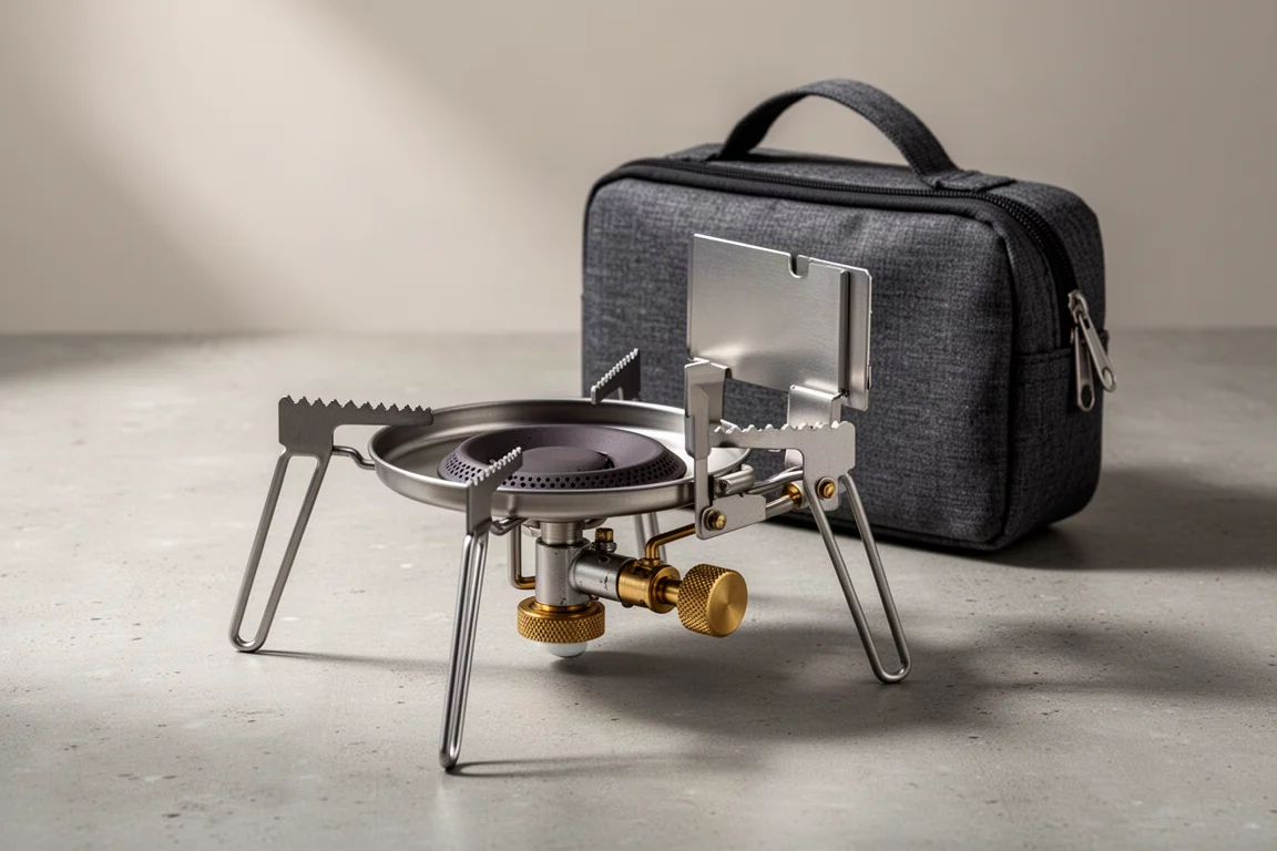 Folding butane camping stove with splayed legs beside its charcoal canvas carry case