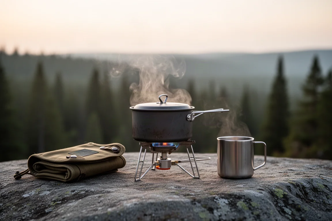 Scena di cucina all'aperto all'alba con una piccola pentola che sobbolle su un fornello compatto