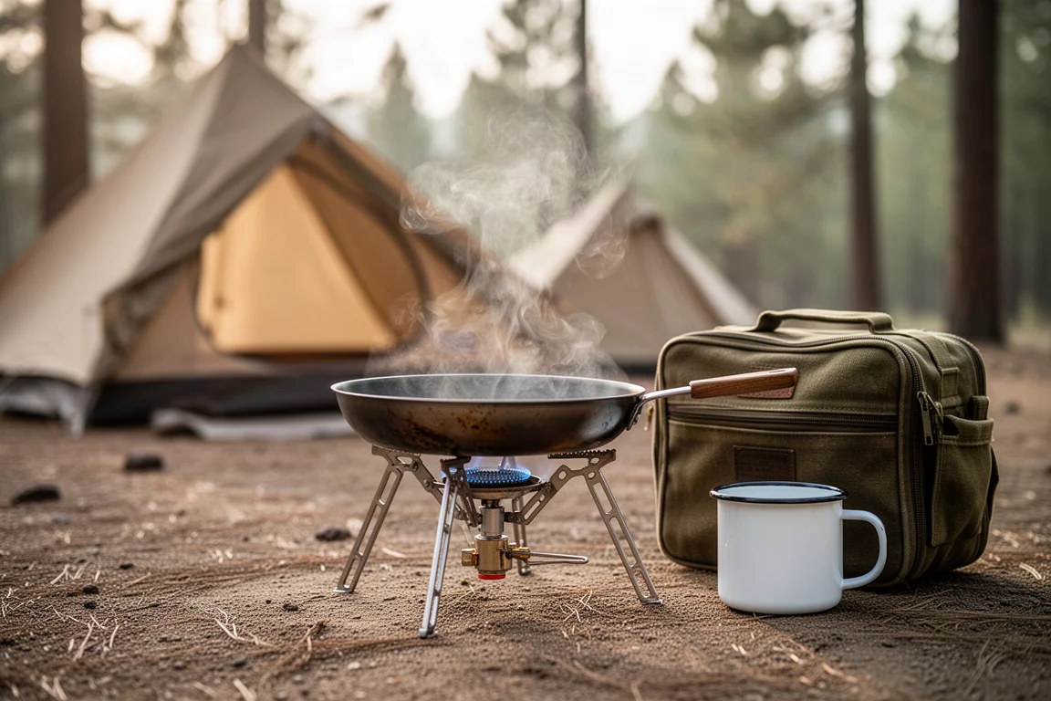 Scena di colazione all'aperto con una padella su un fornello da campeggio accanto a una tenda