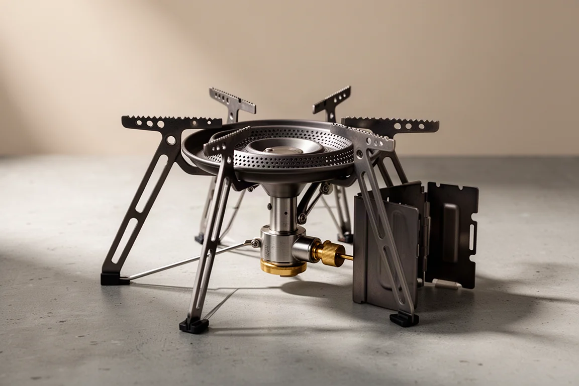 Four-leg butane camping stove with open legs and notched pot supports on a concrete surface