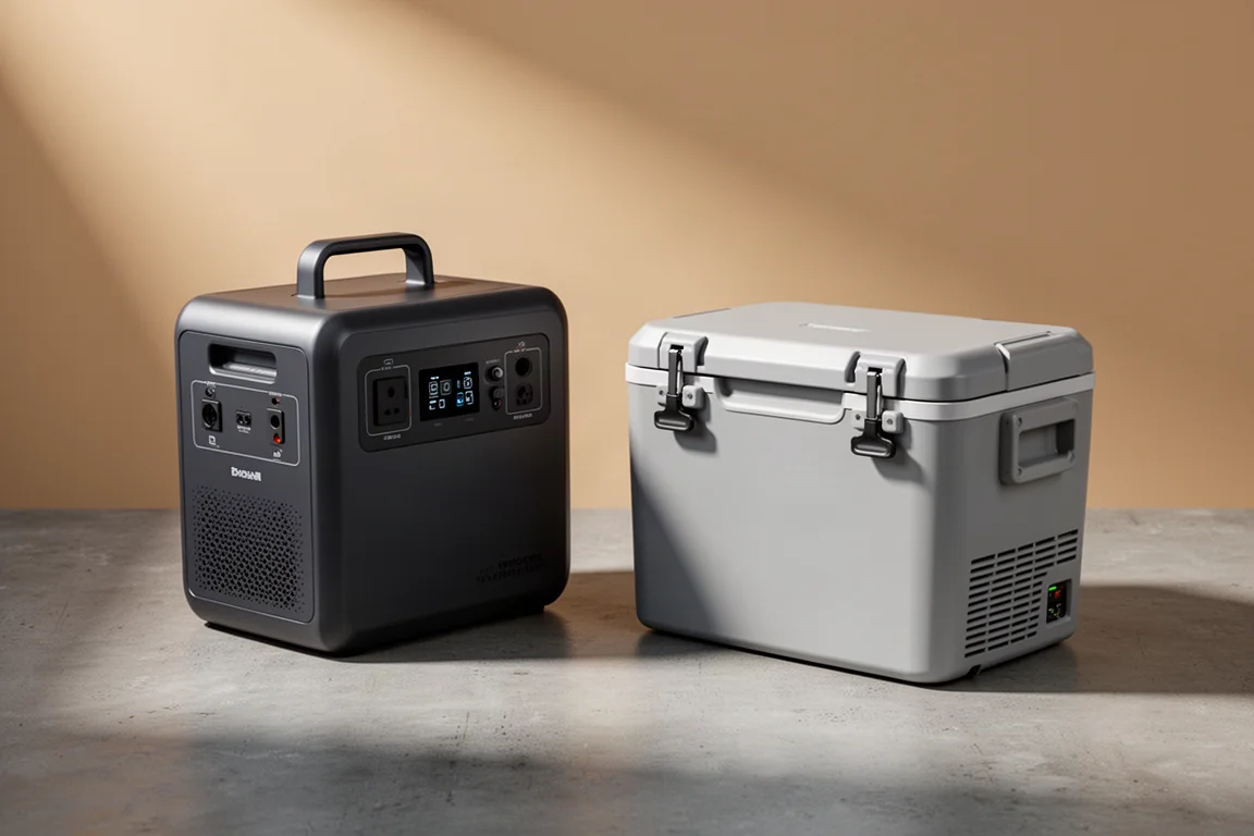 Portable power station and 12V fridge side by side on a wooden camp table