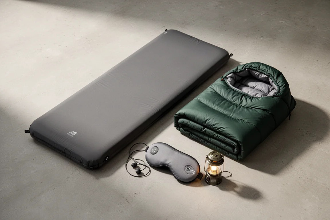 Overhead arrangement of camping sleep gear on a matte concrete surface