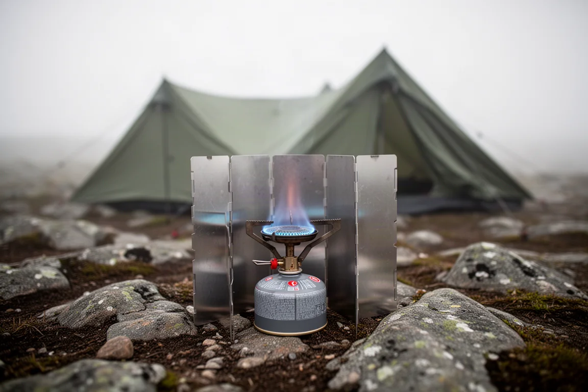 Hornillo de camping encendido tras un cortavientos plegable en una ladera expuesta