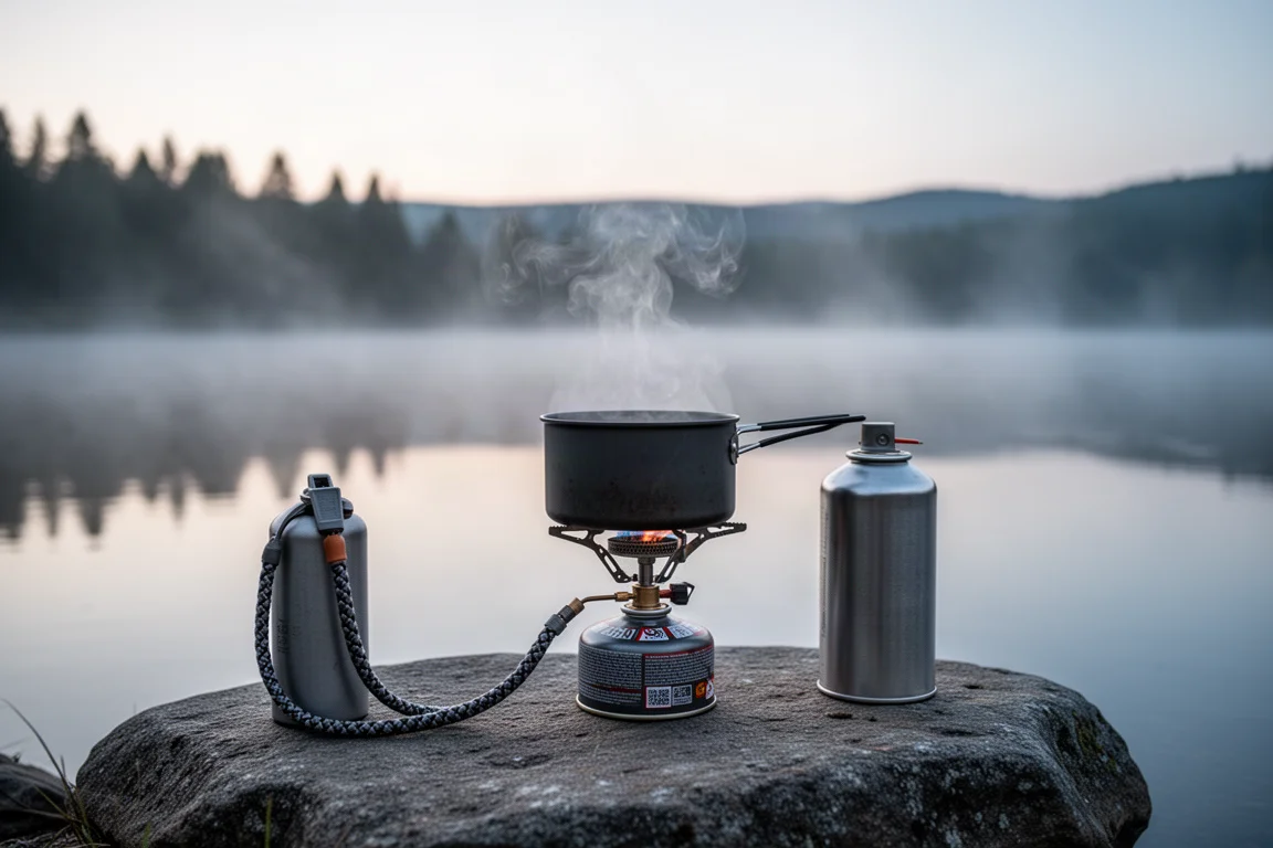 Hornillo de camping con cartucho remoto y una olla humeante junto a un lago brumoso