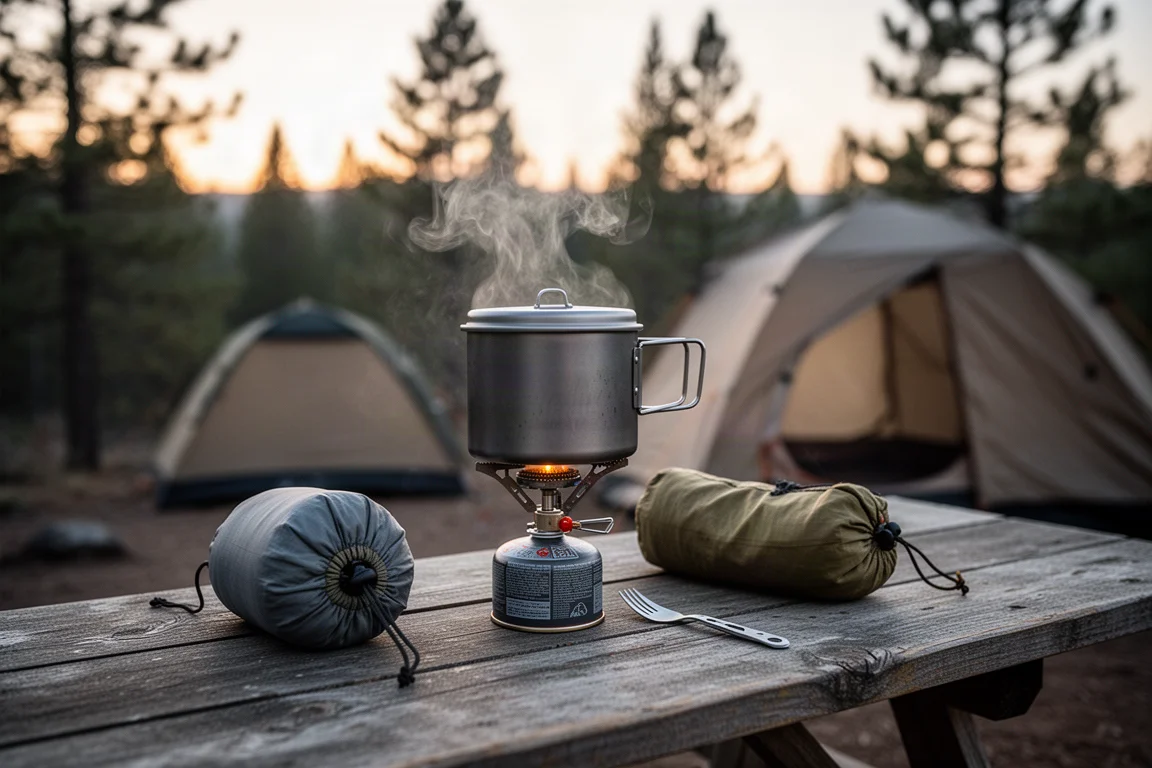 Gaskocher mit einem dampfenden Topf mit Deckel auf einem hölzernen Campingtisch im Morgengrauen