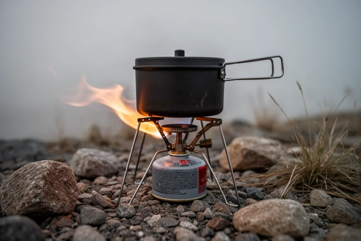 Kleine Gaskocherflamme, die sich im leichten Wind auf Kies zur Seite neigt