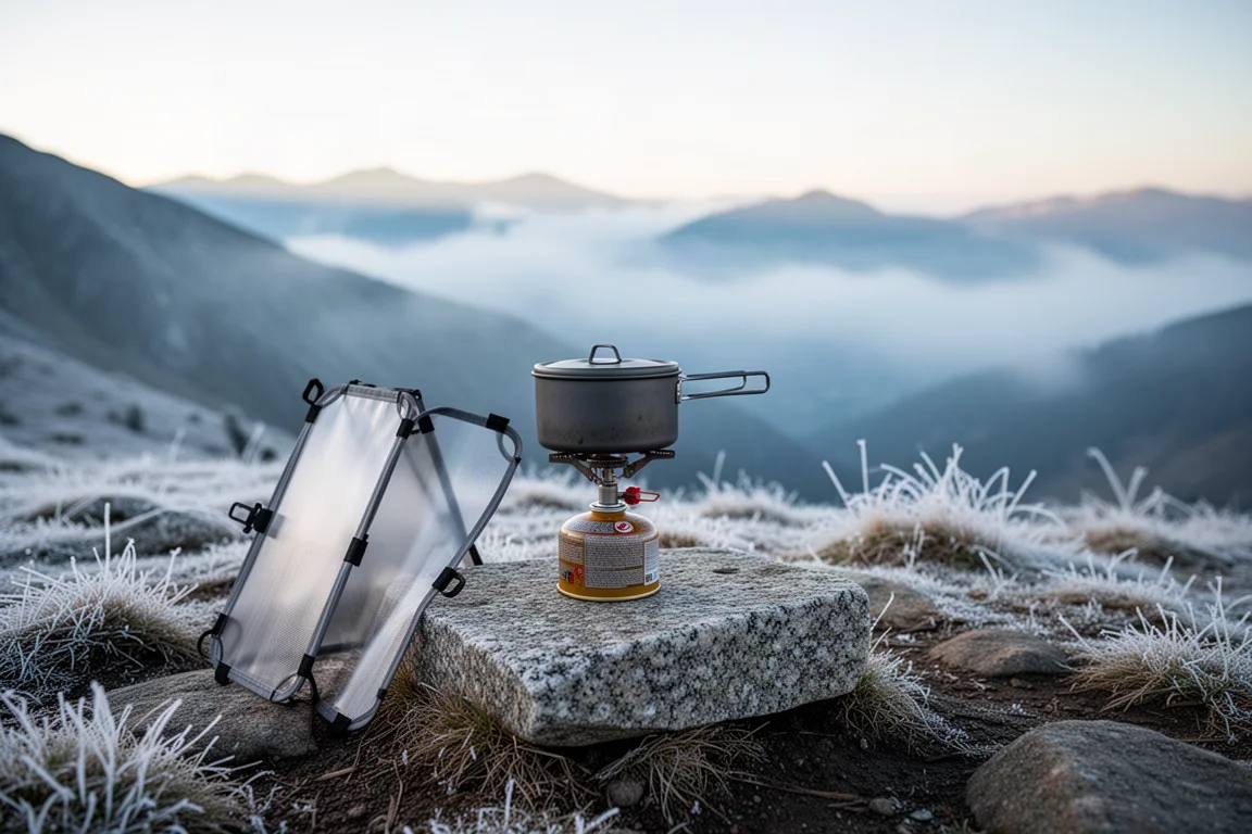 Gaskocher mit Topf auf einem Granitfelsen an einem frostigen Berg-Campingplatz