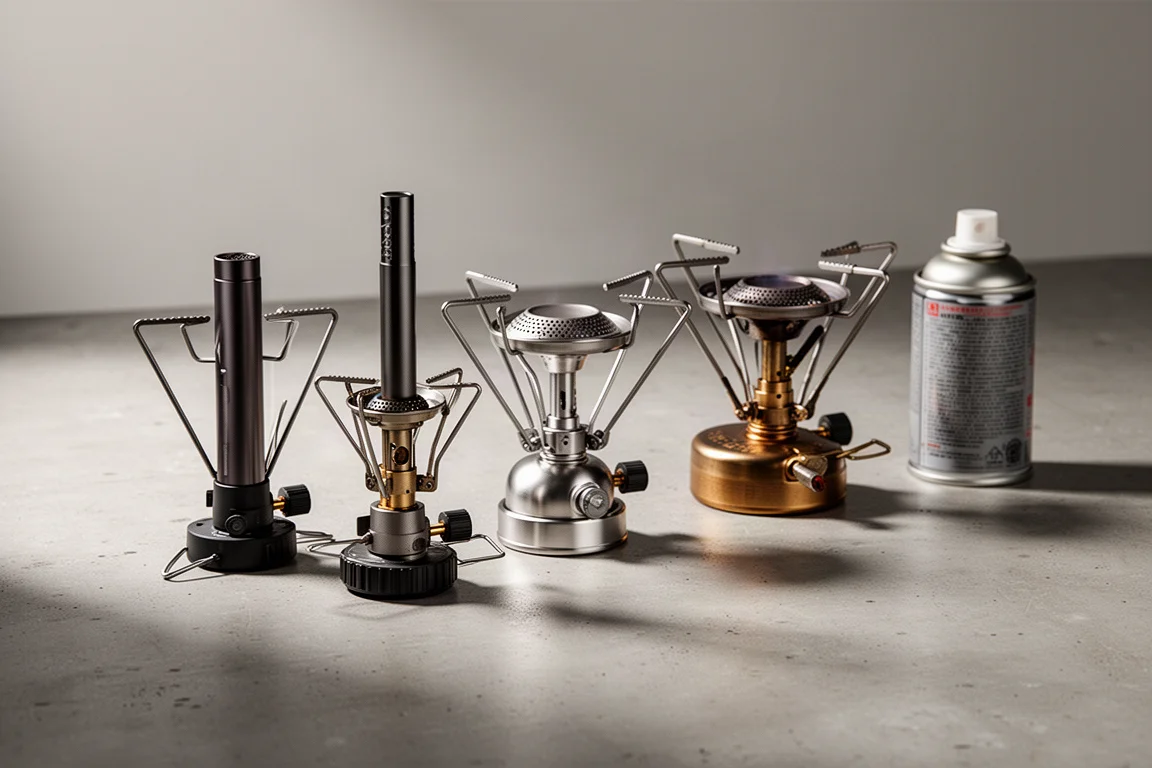 Four small canister camping stoves and a gas canister arranged on a concrete surface