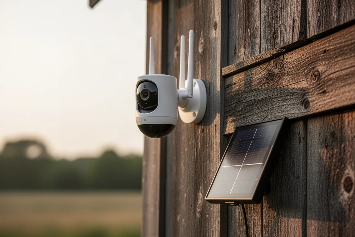 Wireless security camera mounted on a wooden exterior wall in daylight