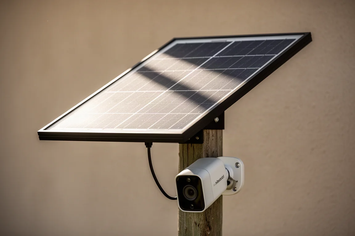 Close-up of a solar panel and cable powering a security camera outdoors