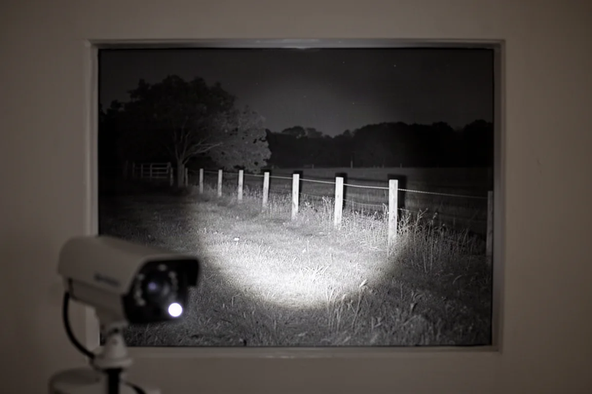 Night-time view through a security camera lens with infrared glow illuminating a yard