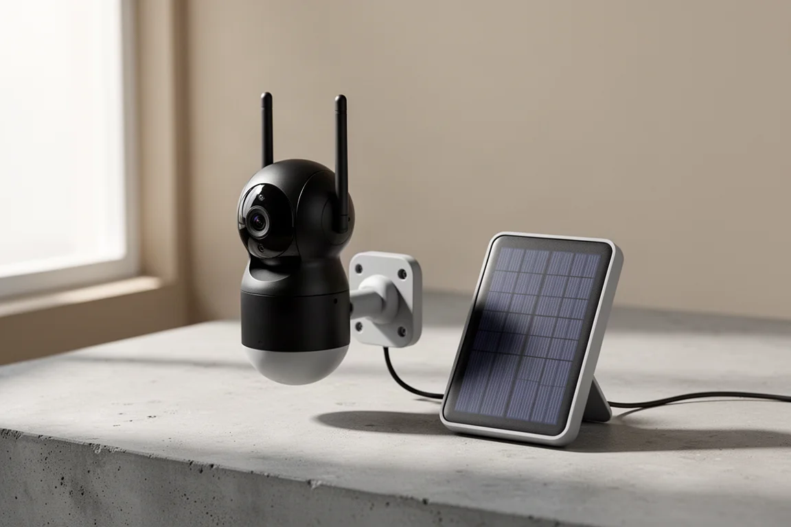 Wireless solar-powered security camera with separate solar panel on a concrete surface
