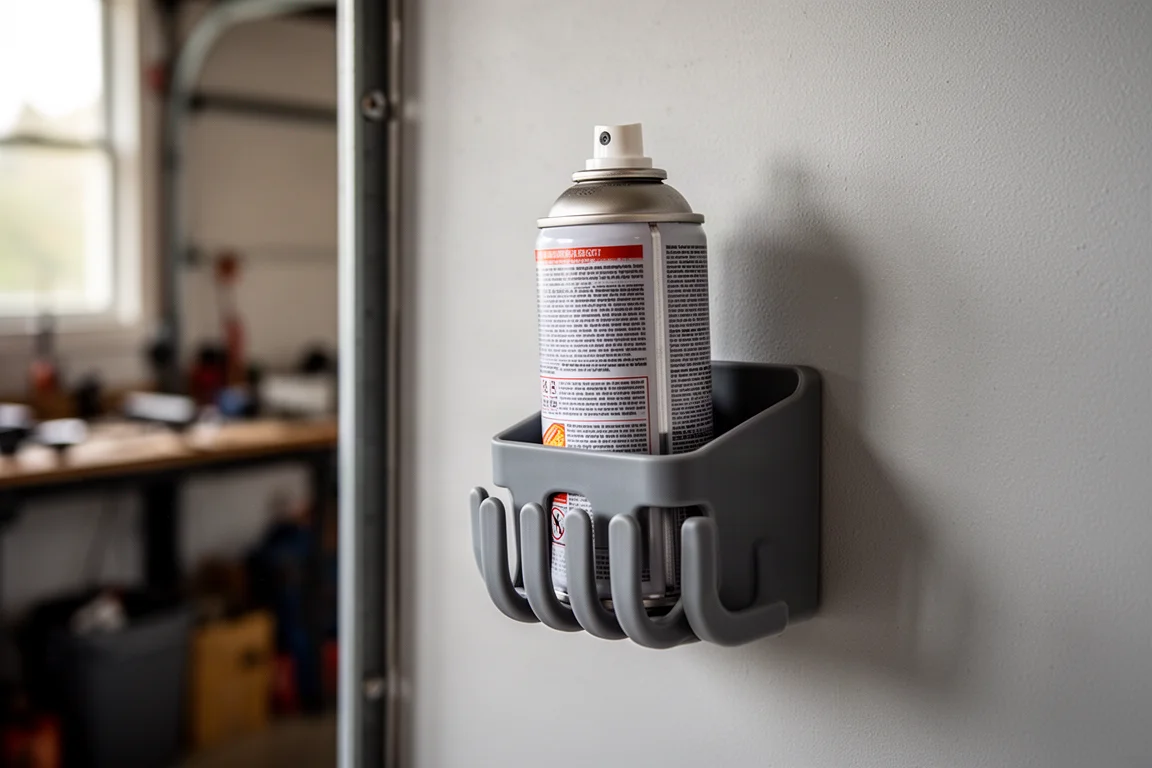 Bomboletta aerosol agganciata a un organizzatore a sette dita montato a parete in un garage