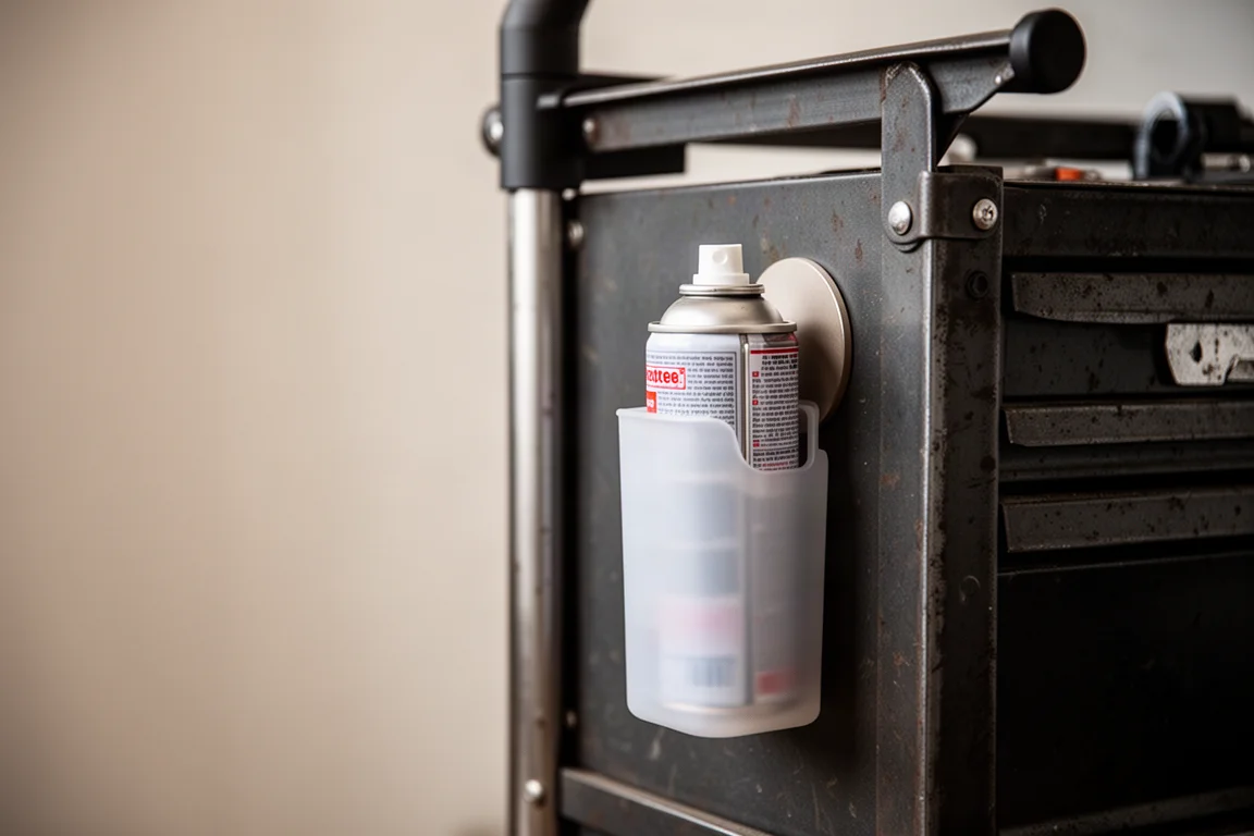 Supporto per bombolette spray fissato con una magnete sul fianco di un carrello portautensili metallico