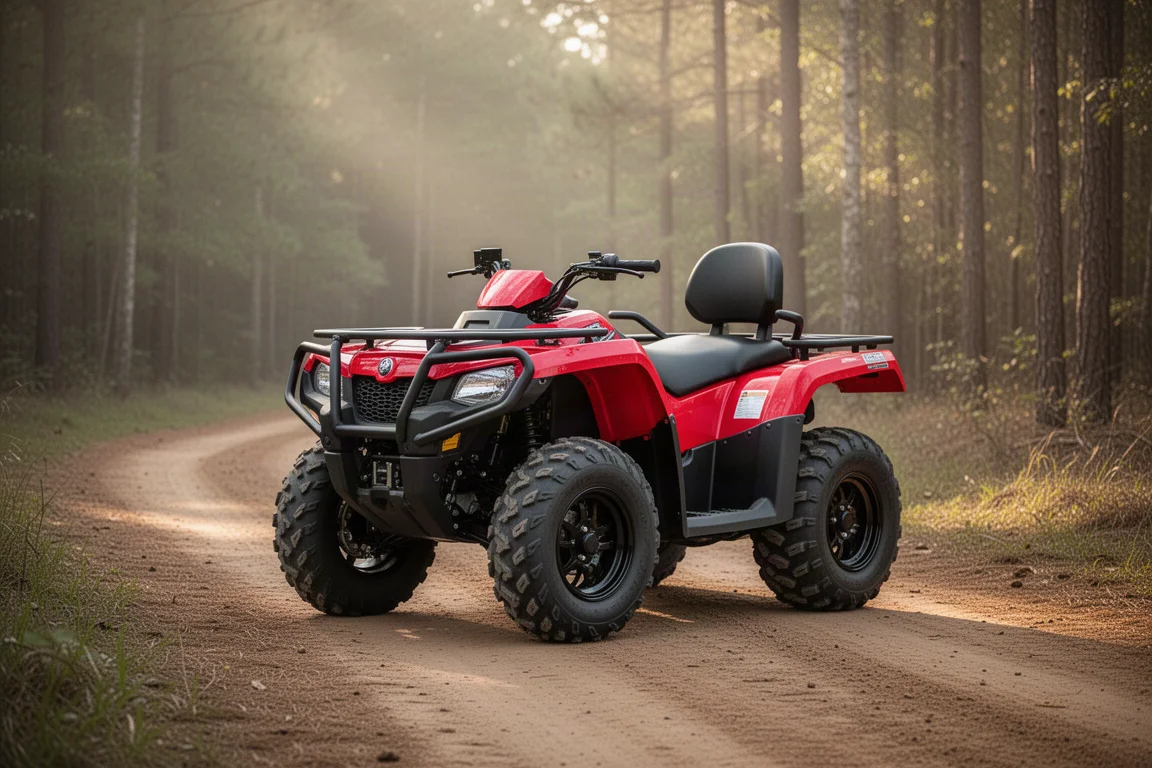 Large red utility ATV parked on a dirt trail beside green forest