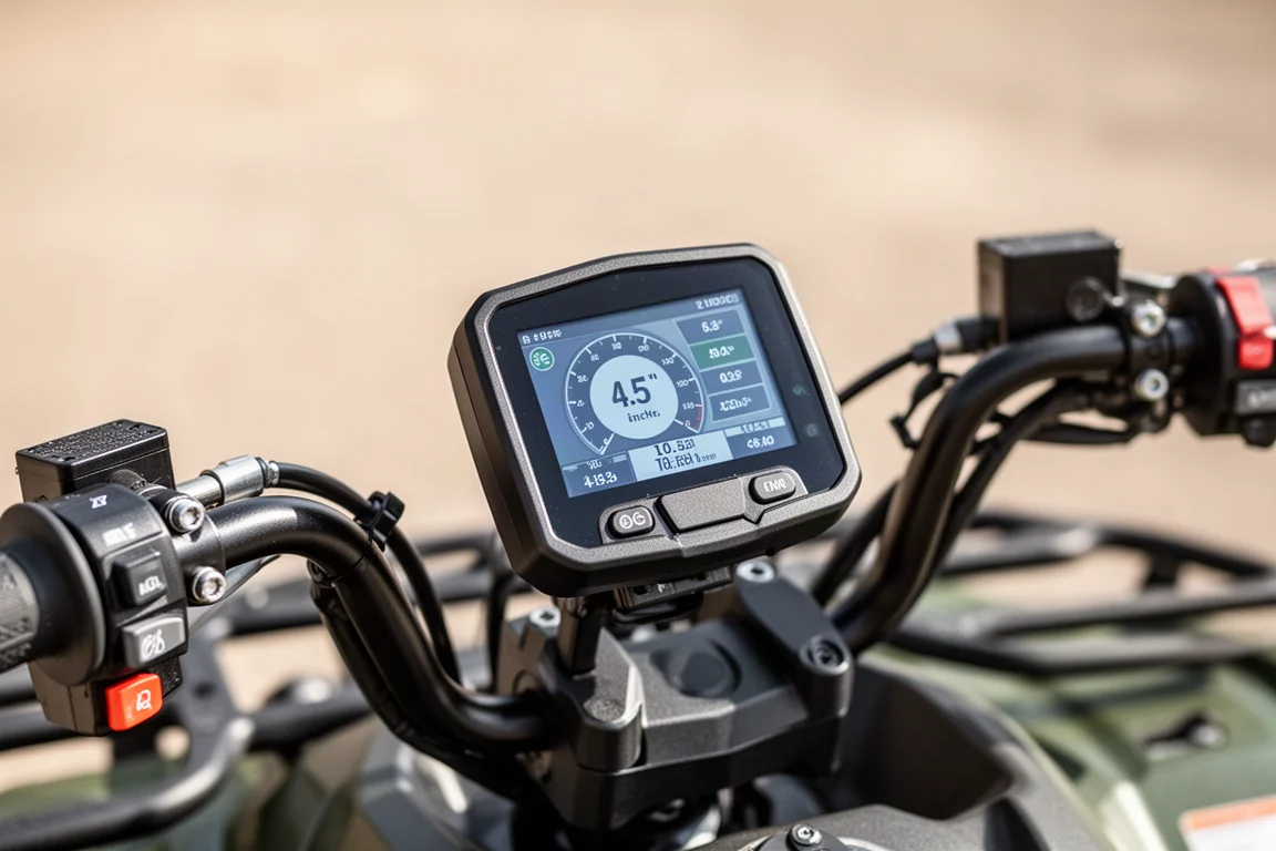 Digital gauge display on an ATV handlebar glowing in daylight