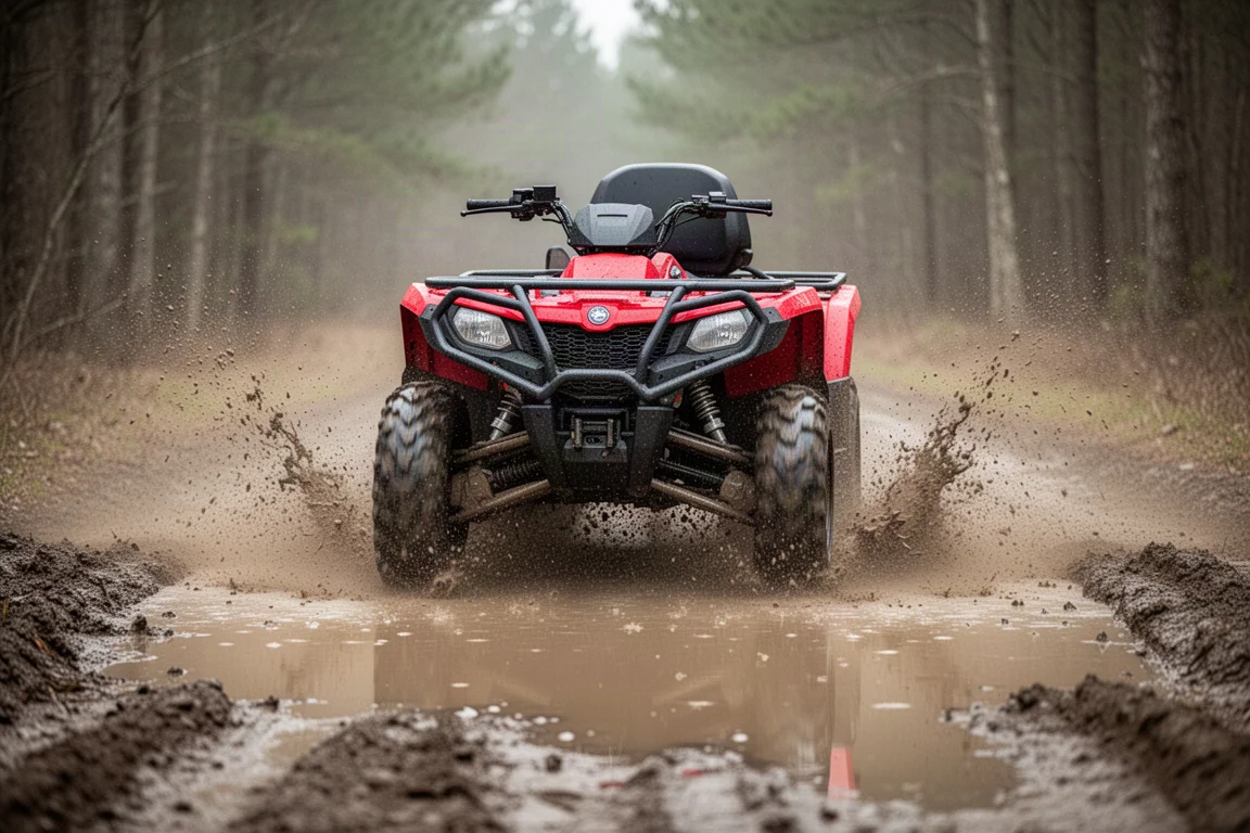 ATV churning through a muddy puddle on an off-road trail