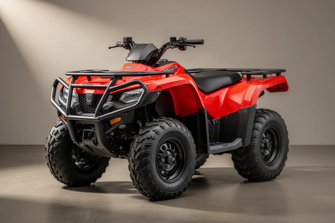 Large red two-up utility ATV with blacked-out wheels on matte concrete