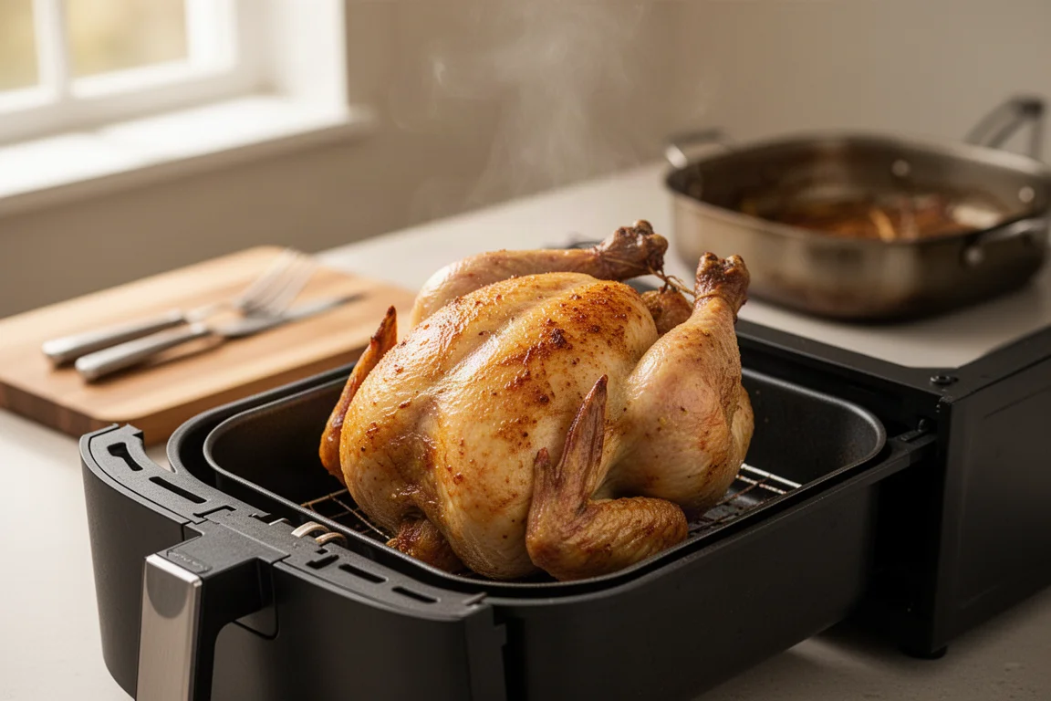 Golden roasted chicken fresh out of an air fryer drawer on a kitchen counter