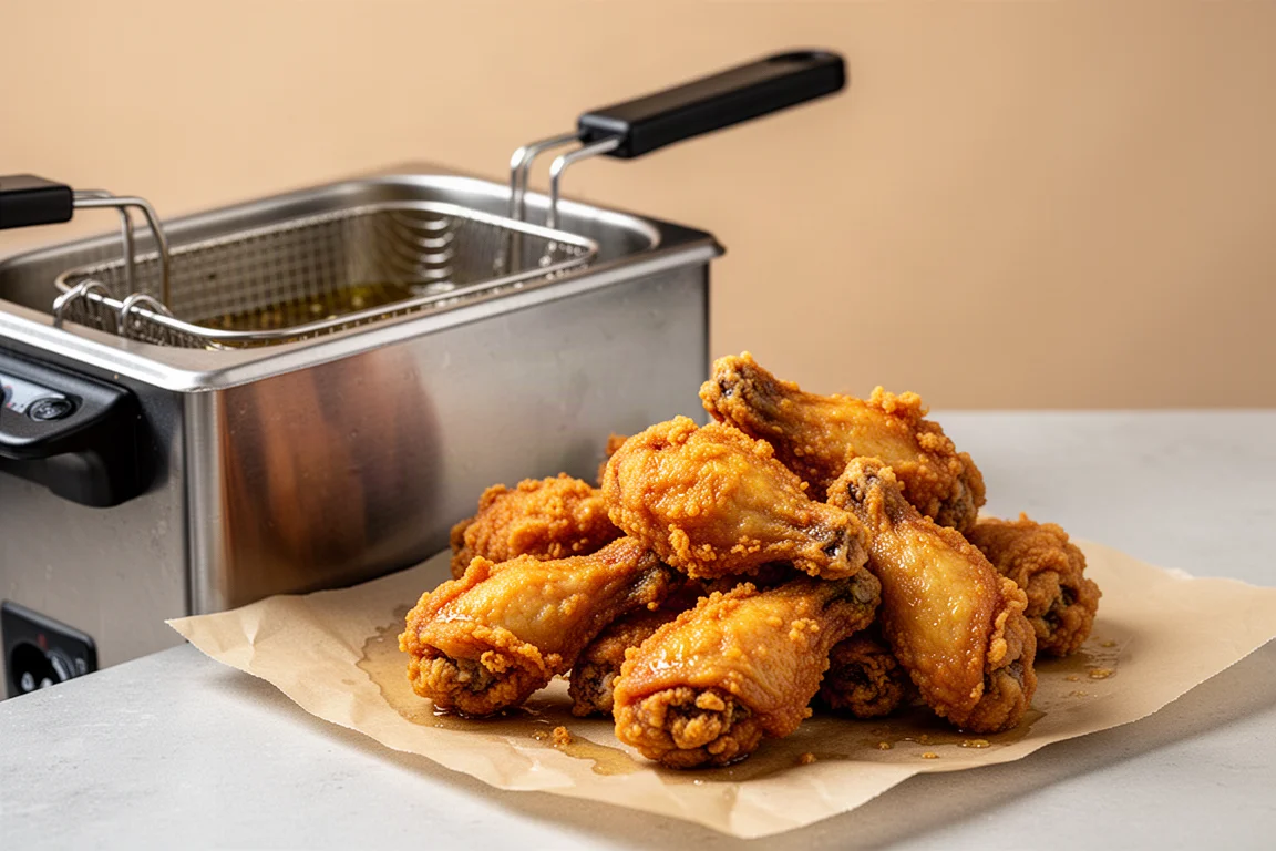 Crispy fried chicken wings piled on parchment paper next to a deep fryer
