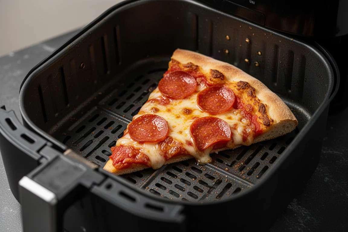 Reheated pizza slice with crisped pepperoni in an air fryer basket