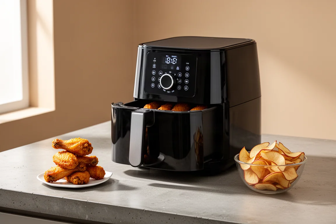Countertop air fryer on a concrete kitchen counter with fried chicken wings and apple chips