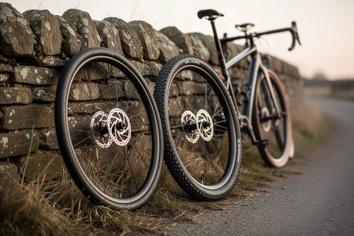 Close-up of a wide slick bicycle tire gripping wet tarmac with light spray