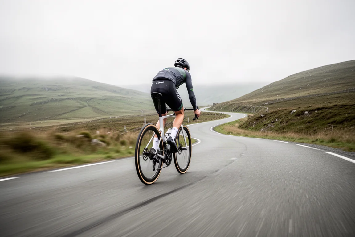 Road bicycle wheel spinning at speed on dry tarmac with motion blur
