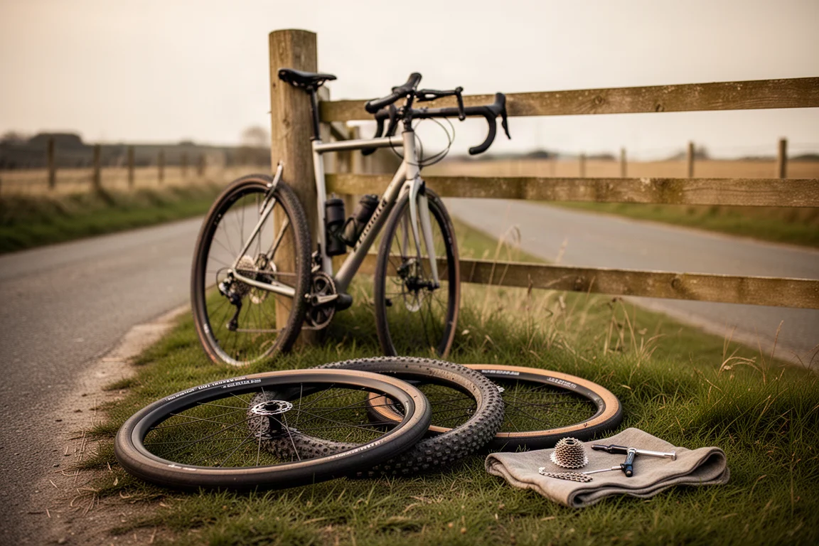Two bicycle wheelsets leaning against a workshop wall with a floor pump nearby
