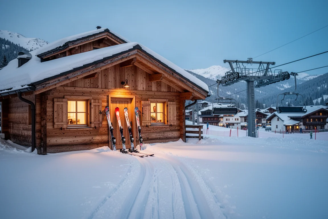 滑雪進出的度假小屋,滑雪板在全新雪地上咔噠扣入固定器
